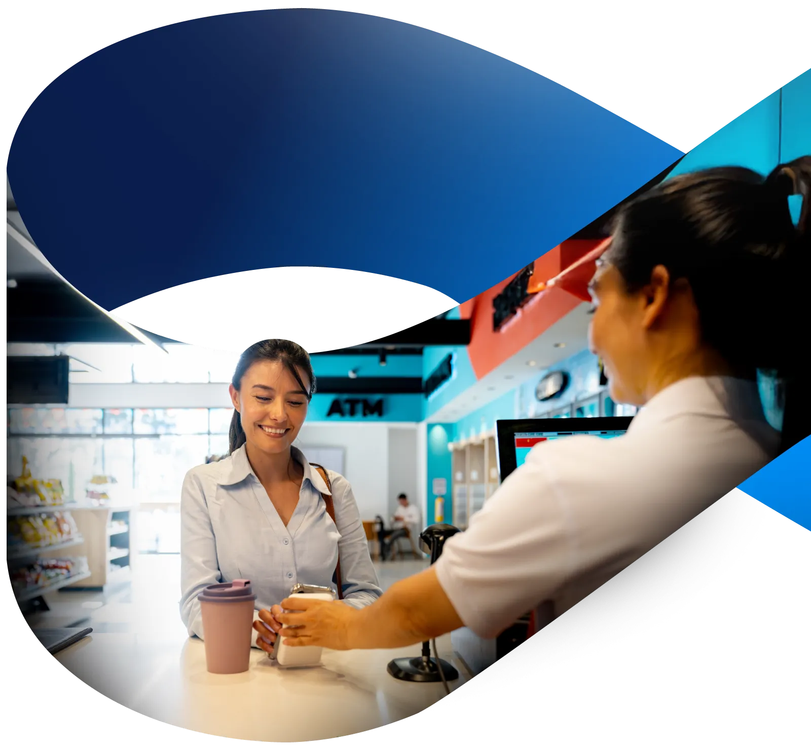 Woman receiving a coffee from the gas station attendant, inside the graphic of the NewTide logo wave